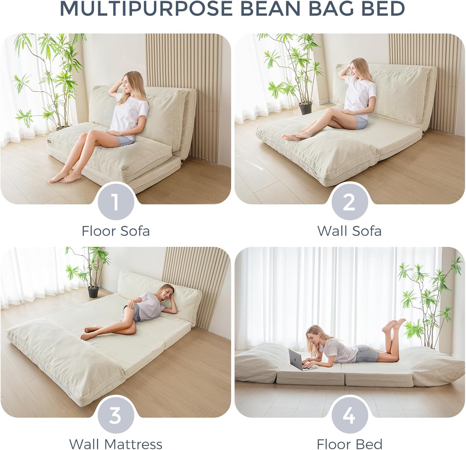MAXYOYO Folding Sofa Bed, Extra Thick and Long Floor Sofa Convertible Sleeper Chair with Washable Cover, Floor Couch Lounge Bean Bag Bed for Living Room, Beige, 30x95 Inch