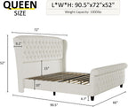 Queen Size Platform Bed Frame, Chenille Upholstered Sleigh Bed with Curved Headboard & Footboard, Deep Button Tufted, Wood Slats Support, No Box Spring Needed, Cream