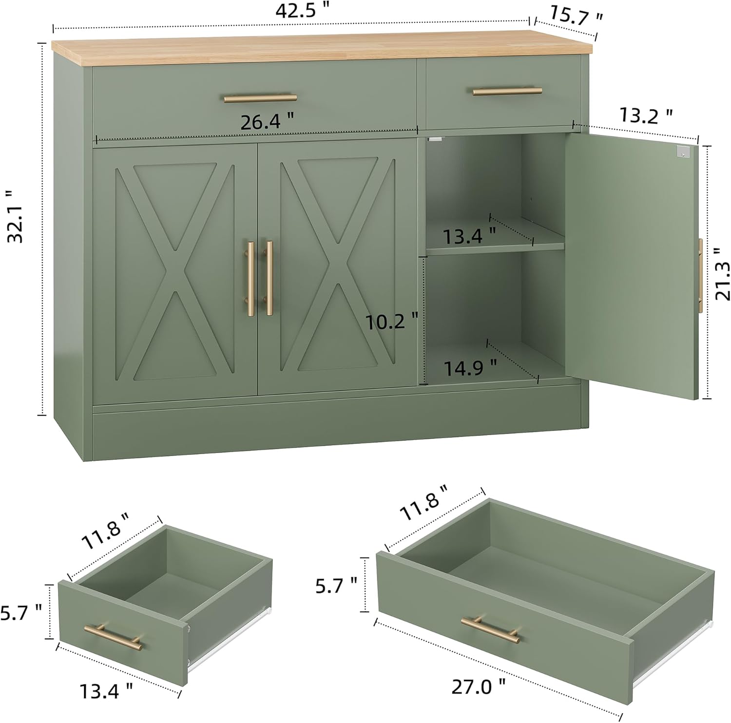 Shintenchi Modern Farmhouse Sideboard Buffet Cabinet with Storage with 3 Doors,42" Barn Doors Buffet Cabinet with Storage, Wood Coffee Bar Cabinets with Adjustable Shelf for Kitchen Living Room,Green