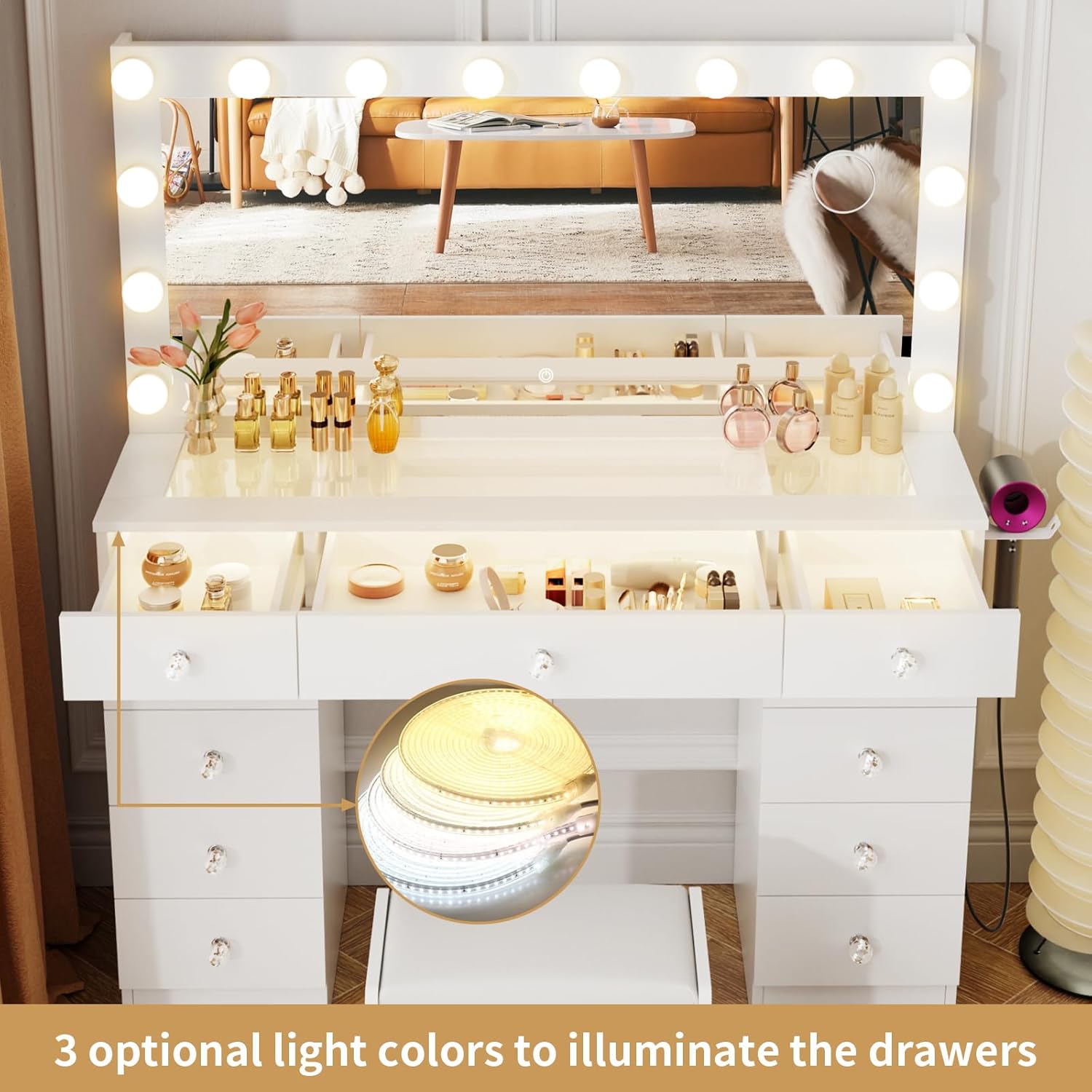 VOWNER Vanity with Lighted Mirror - Makeup Vanity Desk with Glass Top and 11 Drawers, 3 Color Lighting Modes Adjustable Brightness, 46" Vanity Table with Soft Cushioned Stool for Bedroom, White