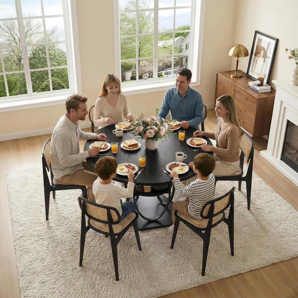 47.2" Black Round Dining Table for 4-6, Circle Kitchen Table with Open Storage Shelf, Modern Wooden Dinner Table with Metal Pedestal Base, Dining Room Tables for Kitchen Small Space