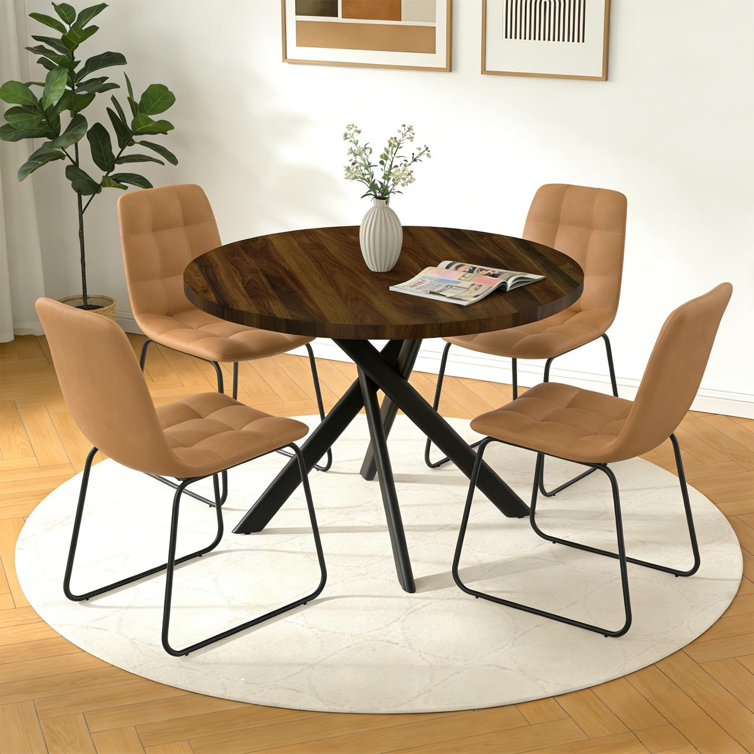 44" Round Dining Table with Cozy Chair Set for 4, Modern Mid-Century Dining Table Set of 4, Dinette Sets with Metal Leg for Kitchen Dining Room Apartment(Walnut Table + Brown Chairs)