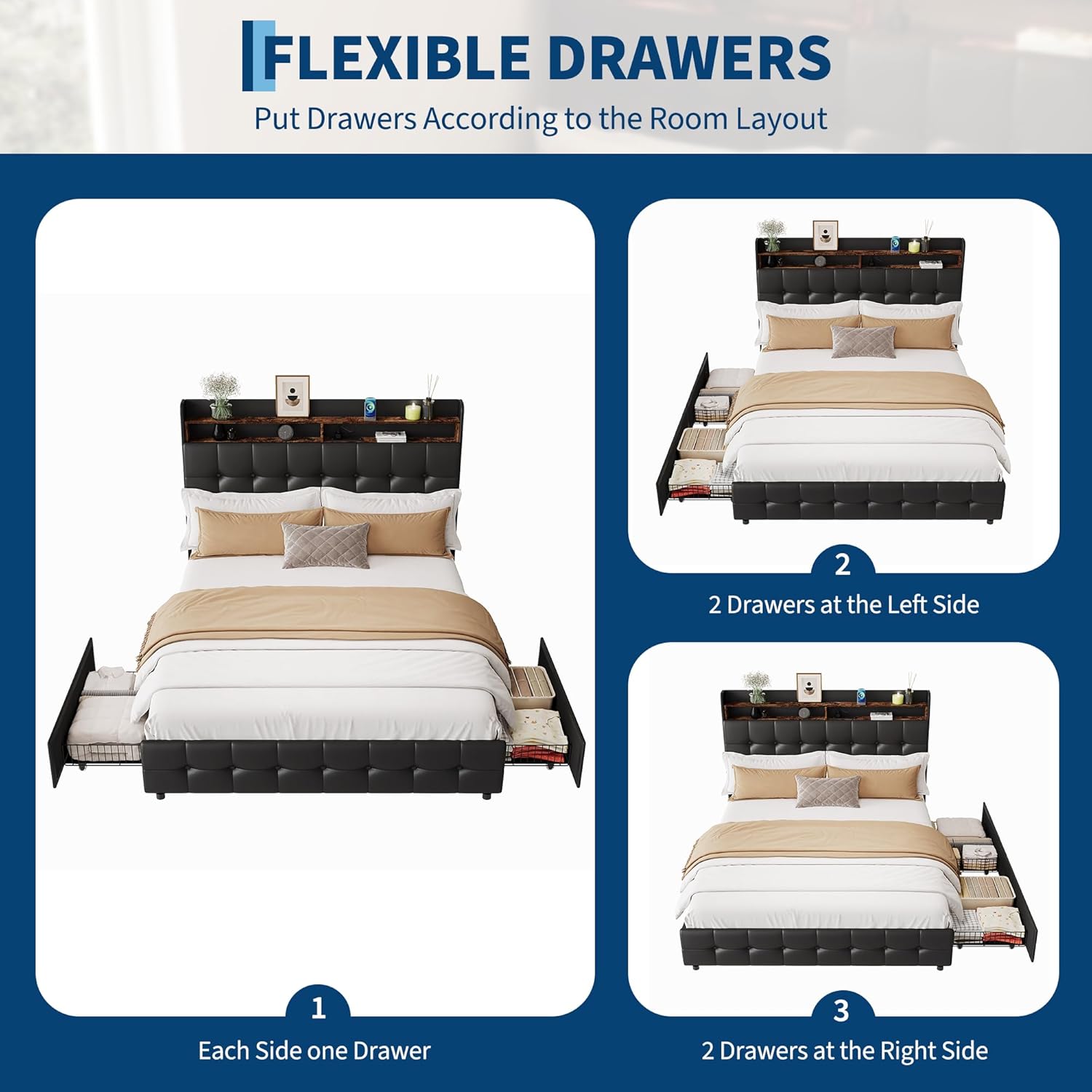 Garvee Queen Size Bed Frame with 2 Storage Drawers, Upholstered Bed Frame Queen with LED Light, Double-Layer Bedside Headboard with Charging Socket and USB Port, Soft Plush Fabric, White