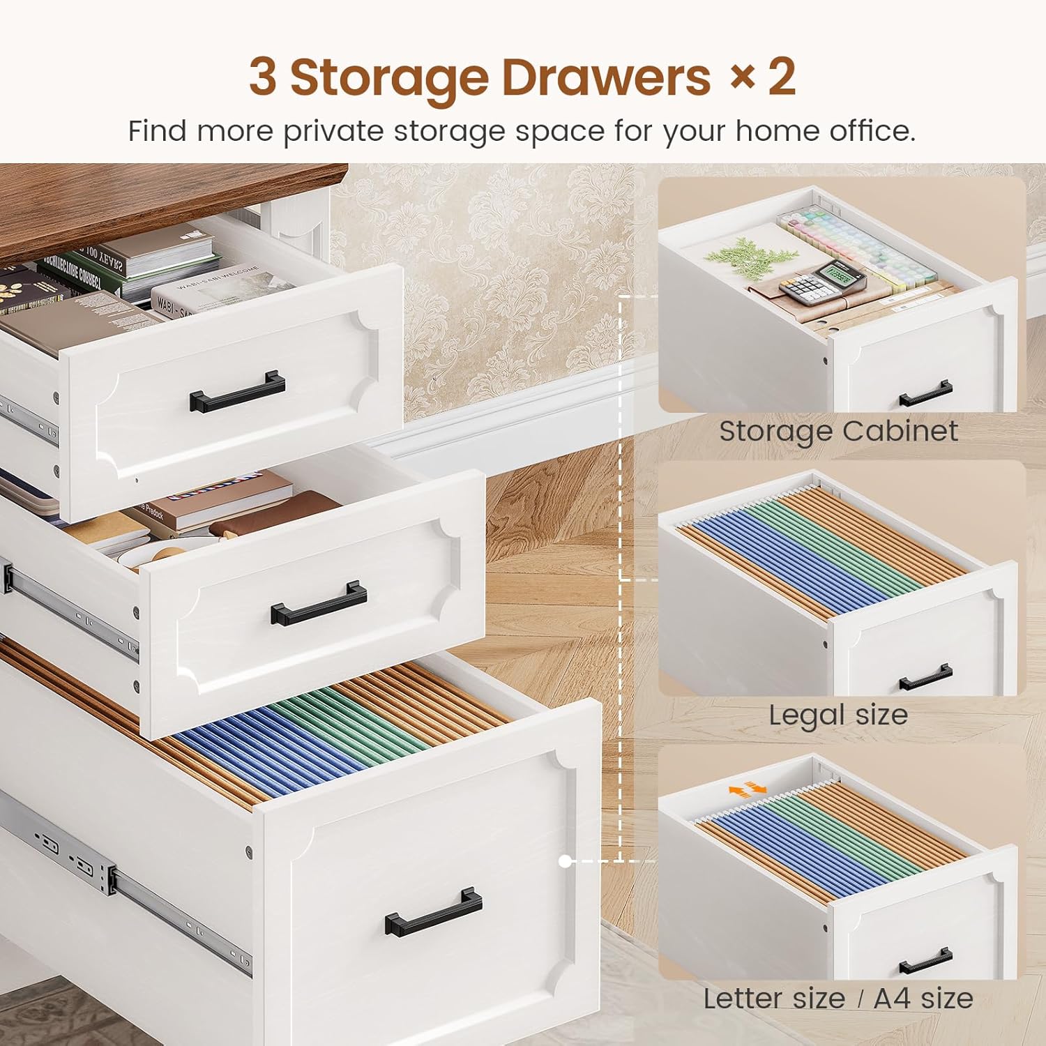 SEDETA Farmhouse 110.3" Two Person Desk with 7 Drawers, Long Computer Desk with Storage Cabinet, 2 Person Desk with Power Outlets for Home Office, White