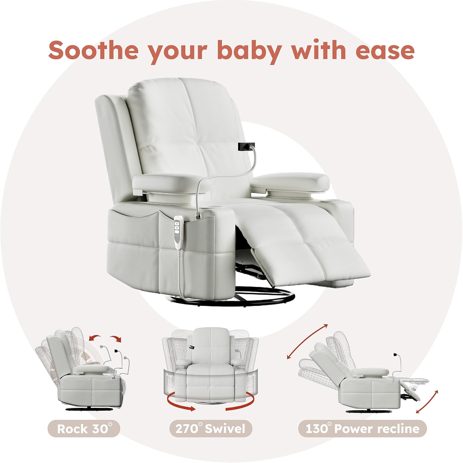 MAMAZING Lullapod Pro Oversized Rocking Chair Nursery with Adjustable Armrests, Electric Glider Nursing Chair for Breastfeeding, Power Swivel Recliner Chairs, Oeko-TEX & FSC Certified (Off White)