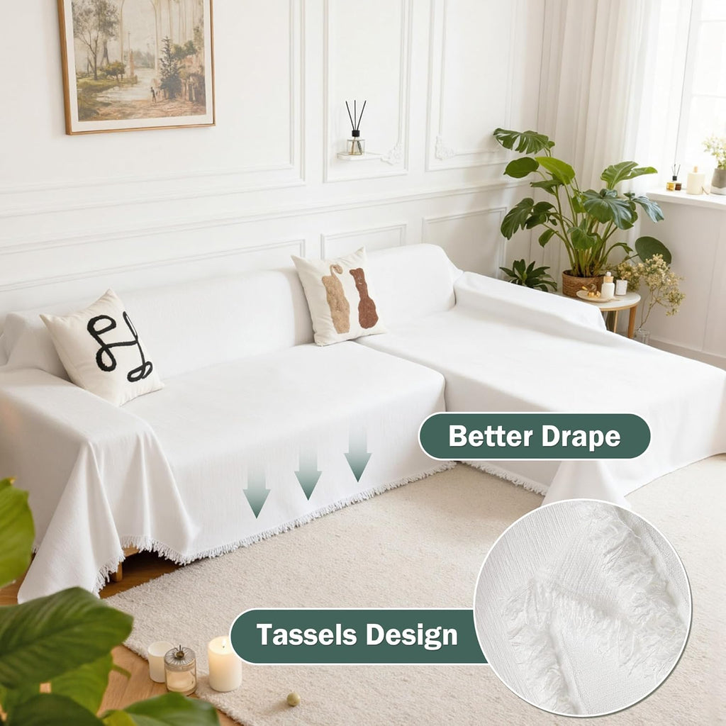 MEETSKY L Shaped Sectional Couch Covers, 2 Pieces Chenille Washable White Sofa Covers, Furniture Protector Sofa Throw Cove for Pets, Sofa Slipcover for 3-4 Cushion Couch (XX-Large, 71"x118"+91"x134")