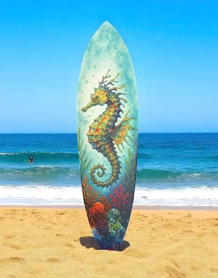 JennyGems Seahorse Surfboard Wall Art Coastal PVC Beach House Decor, Ocean Theme Nautical Wall Sign, Tropical Underwater Sea Dragon, 4 Foot
