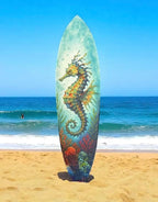 JennyGems Seahorse Surfboard Wall Art Coastal PVC Beach House Decor, Ocean Theme Nautical Wall Sign, Tropical Underwater Sea Dragon, 4 Foot