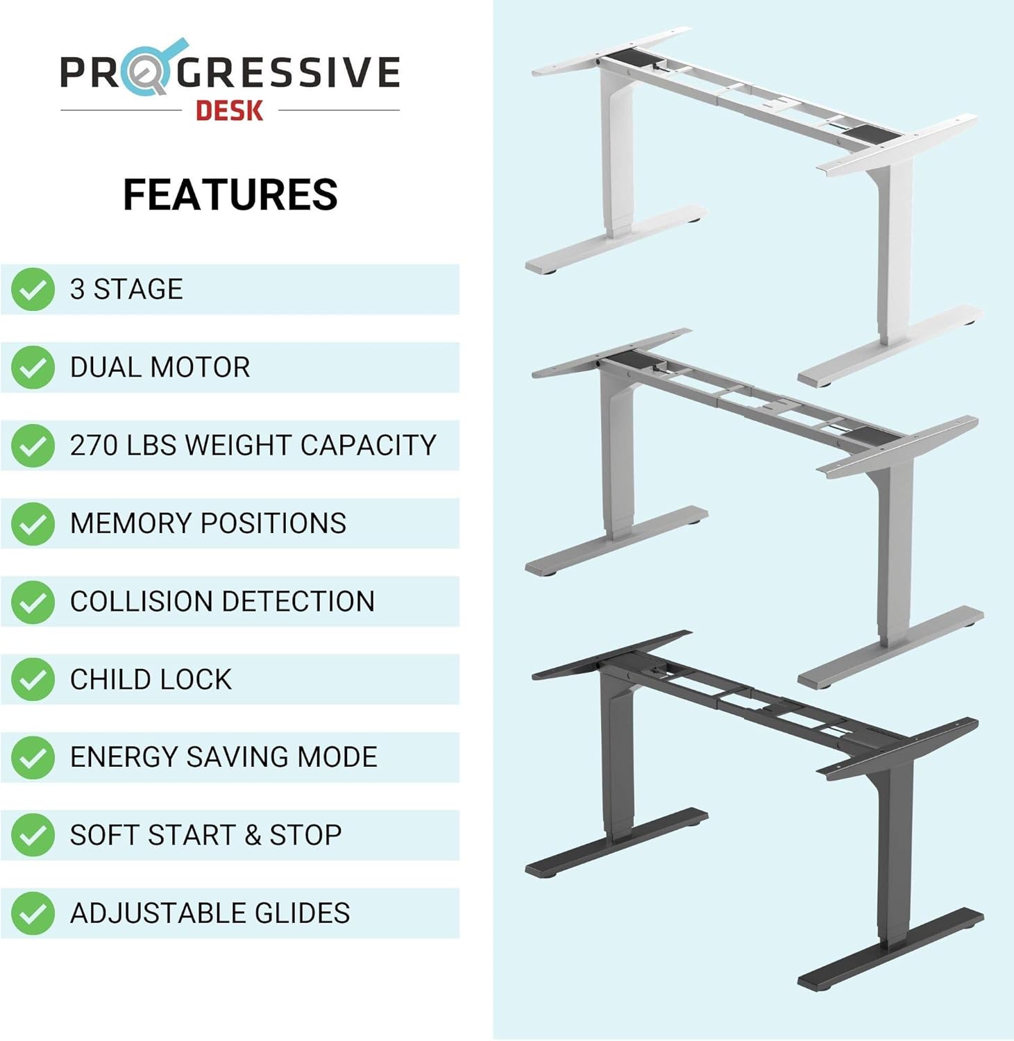PROGRESSIVE AUTOMATIONS Electric Standing Desk Frame Dual Motor. Adjustable Height and Width, 3 Stages Legs for sit Stand Home Office desks suites Tops from 48" to 73" FLT-02 Black