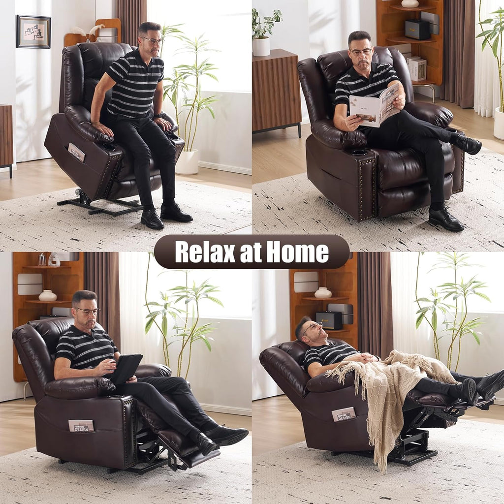 Power Lift Recliner Chair for Elderly, Oversized Leather Lift Chair with Heat and Massage, Dual Motor Zero Gravity Power Recliner Chair with Adjustable Headrest, Cup Holder & USB Port