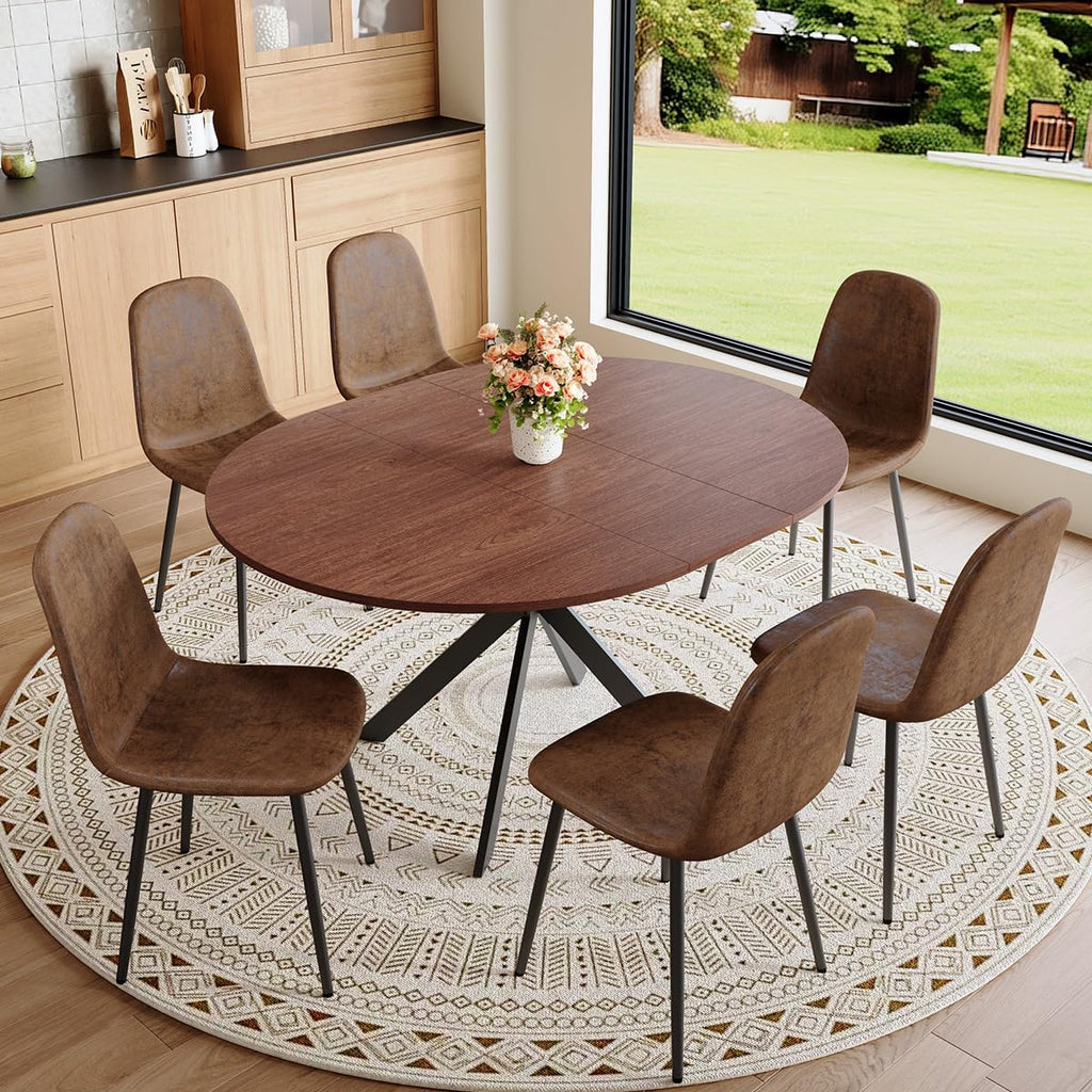 Round Dining Table Set for 6｜42"-54" Extendable Dining Room Table Set｜Wooden Kitchen Table with 6 Chairs｜Mid Century Modern Dinner Table Set with Cross Legs｜Easy Assembly｜Space Saving