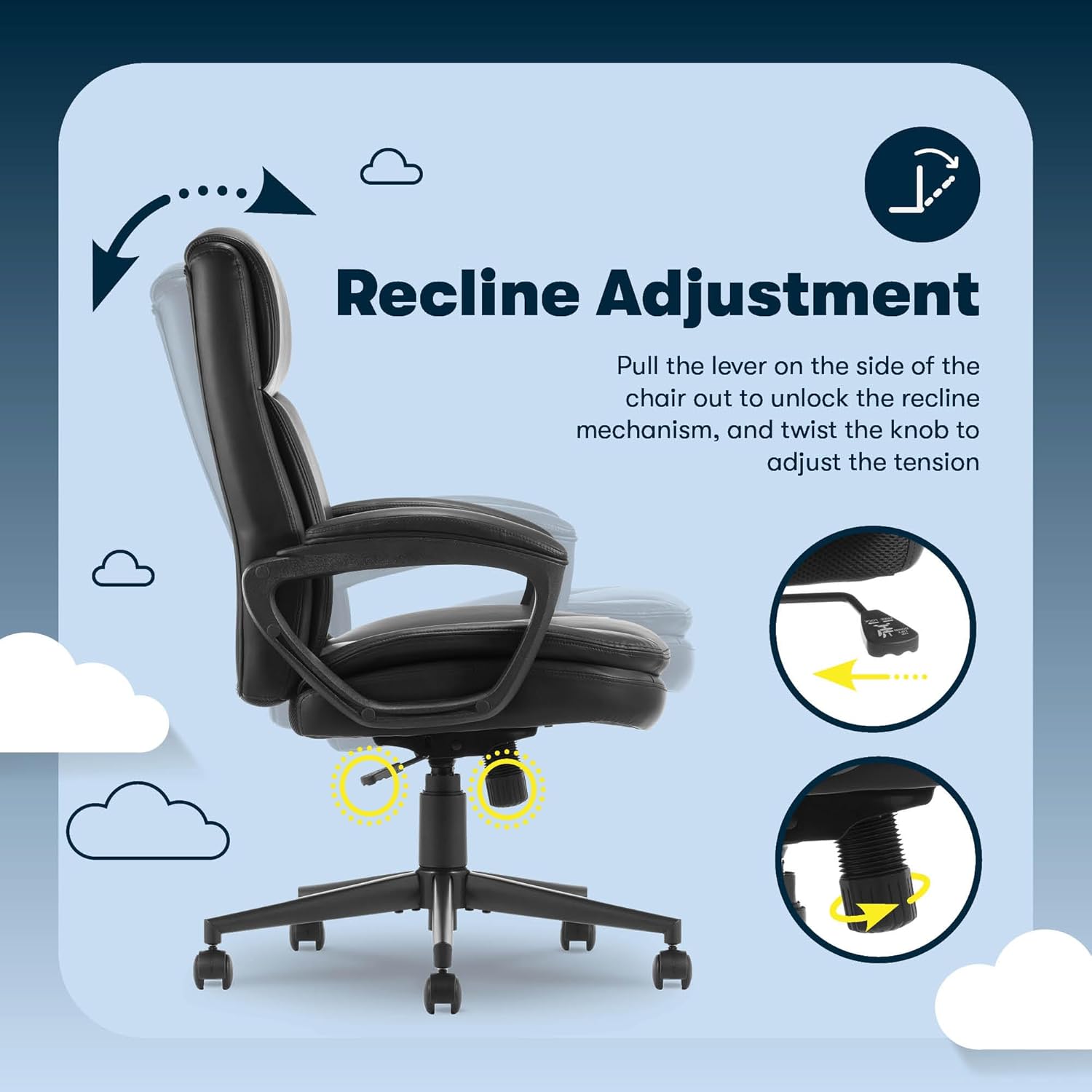 Serta Comfort Ergo Executive Office Chair, Ergonomic Mid-Back Design with Lumbar Support, Semi-Plush Double-Layer Seat Cushion, Padded Armrests, Swivel Metal Base, Bonded Leather, Black