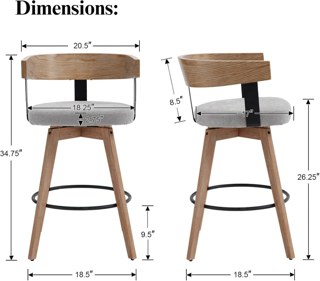 LukeAlon Linen Upholstered Counter Stools Set of 2, 360° Swivel Wooden Kitchen Stools with Wood Full Back Mid Century 26.25" Seat Height Low Barstools for Dining Room Kitchen Island, Grey