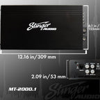 Stinger Audio MT20001 1-Channel Monoblock 2000 Watt RMS Car Audio Subwoofer Amplifier w/Remote Control Bass Knob  Class D  Hexfet Mosfet  Subsonic Filter  Low-Pass Filter  Bass Boost Q