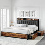 GarveeHome King Size Bed Frame with 4 Storage Drawers, Upholstered Storage Charging Headboard, Heavy Duty Metal Platform Bed Frame, Noise Free, No Box Spring Needed, Rustic Brown