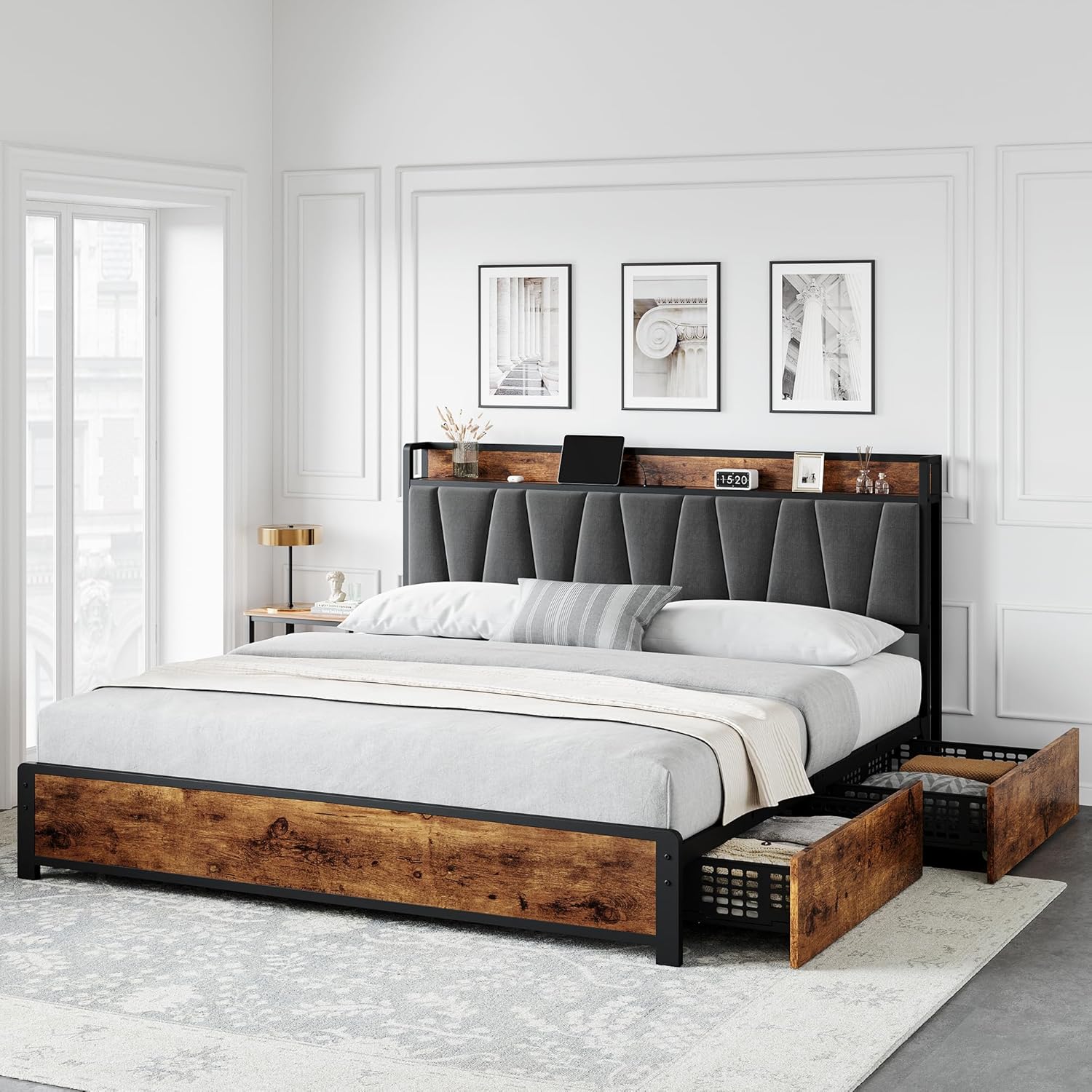 GarveeHome King Size Bed Frame with 4 Storage Drawers, Upholstered Storage Charging Headboard, Heavy Duty Metal Platform Bed Frame, Noise Free, No Box Spring Needed, Rustic Brown