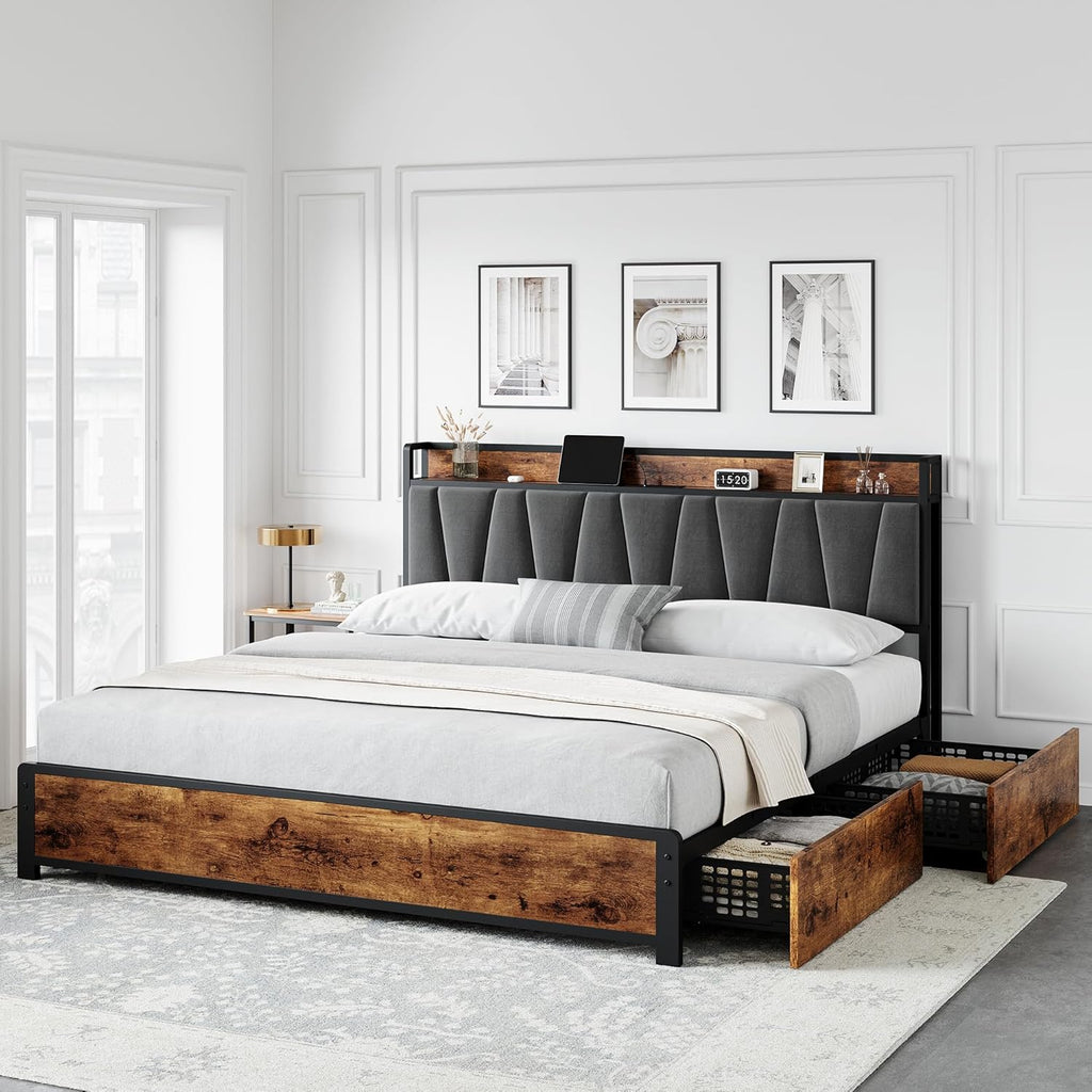 GarveeHome King Size Bed Frame with 4 Storage Drawers, Upholstered Storage Charging Headboard, Heavy Duty Metal Platform Bed Frame, Noise Free, No Box Spring Needed, Rustic Brown
