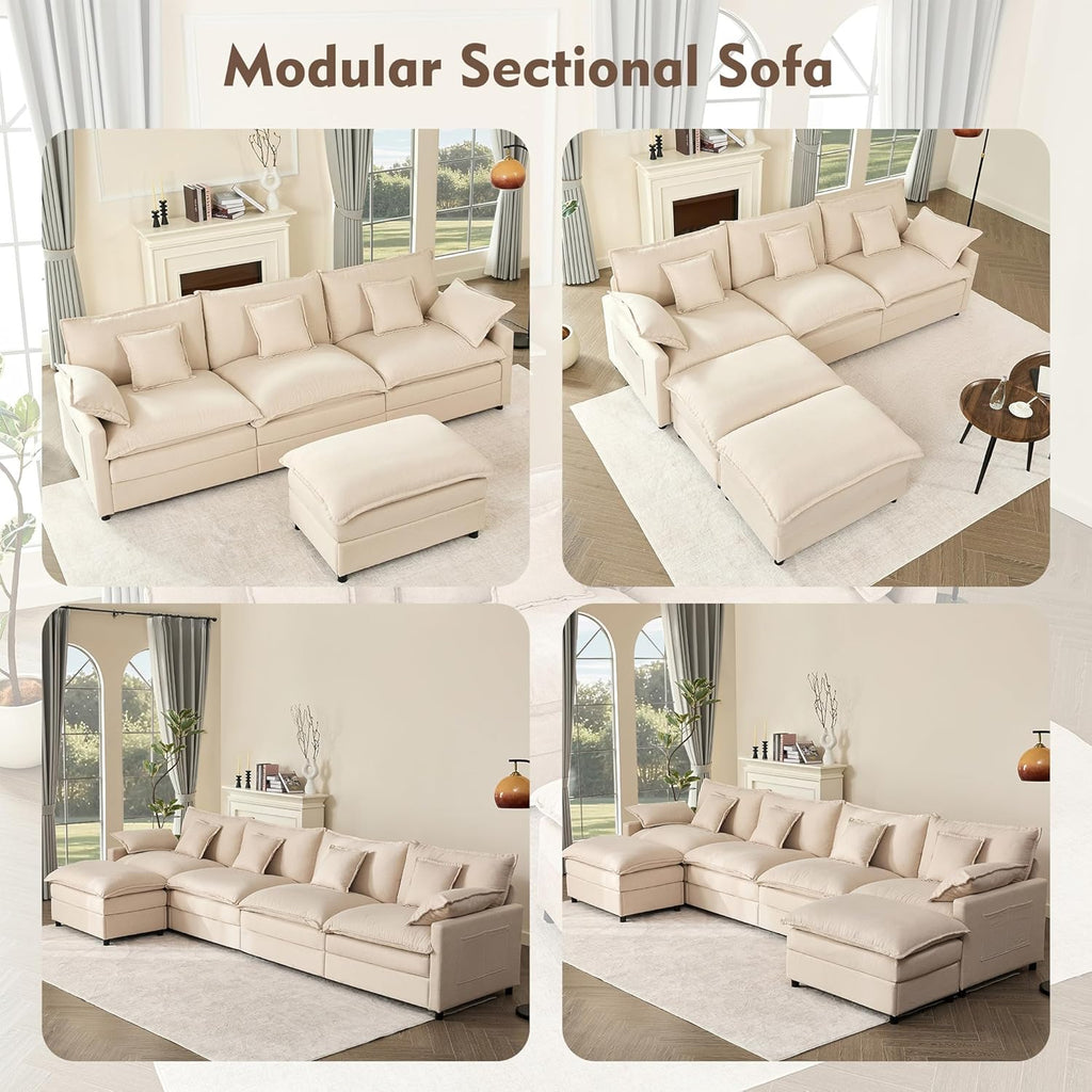 108" U Shaped Couch, Modular Sectional Sofa, 3-Seater Comfy Cloud Couch, Set of Modular Pieces with Movable Ottoman, Deep Seat Couches for Living Room, Linen, Beige