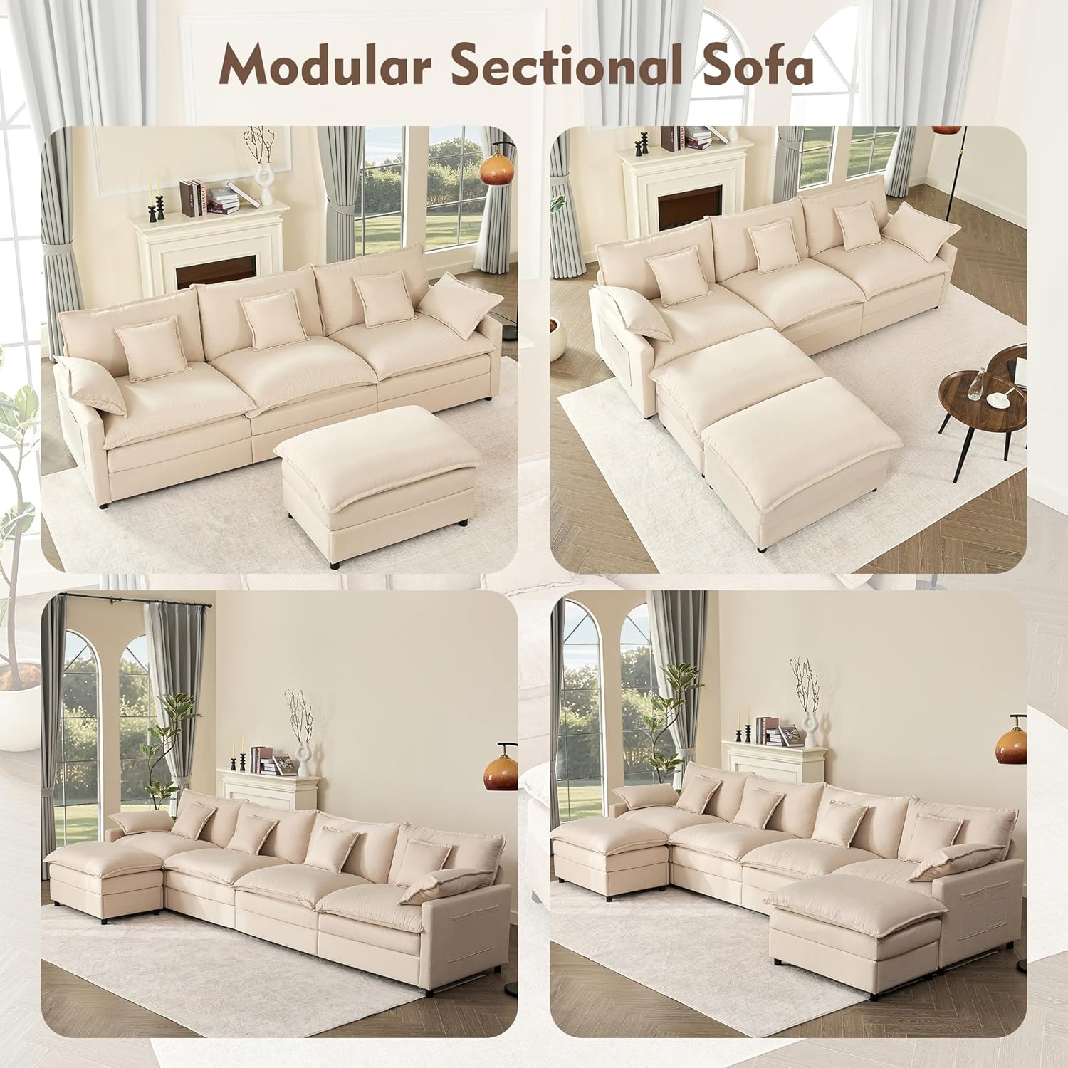 108" U Shaped Couch, Modular Sectional Sofa, 3-Seater Comfy Cloud Couch, Set of Modular Pieces with Movable Ottoman, Deep Seat Couches for Living Room, Linen, Beige