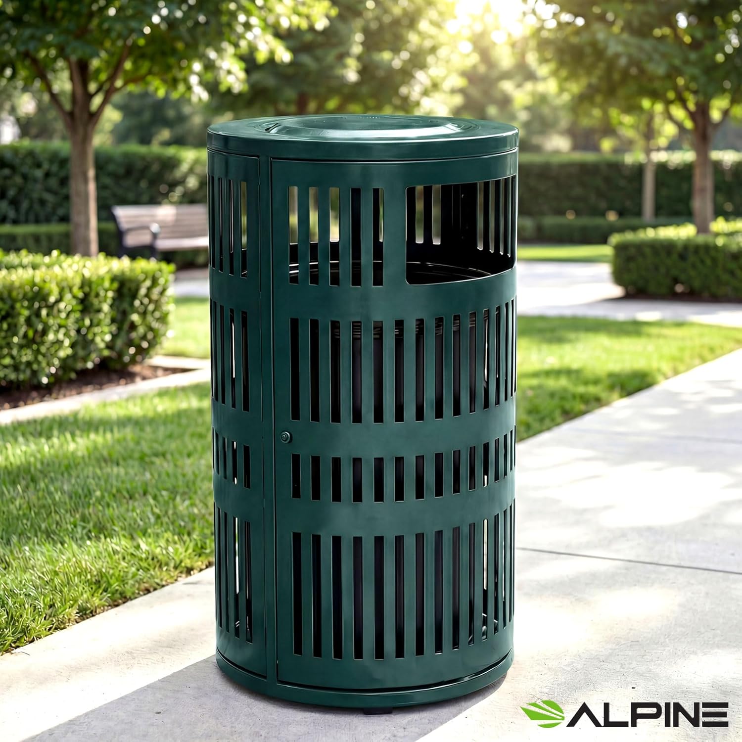 Alpine 40 Gallon Commercial Outdoor Trash Can with Lid, Weather Resistant, Locking Steel Waste Receptacle with Pull-Out Liner, Heavy Duty Galvanized Garbage Bin for Parks, Schools, City Streets- Green