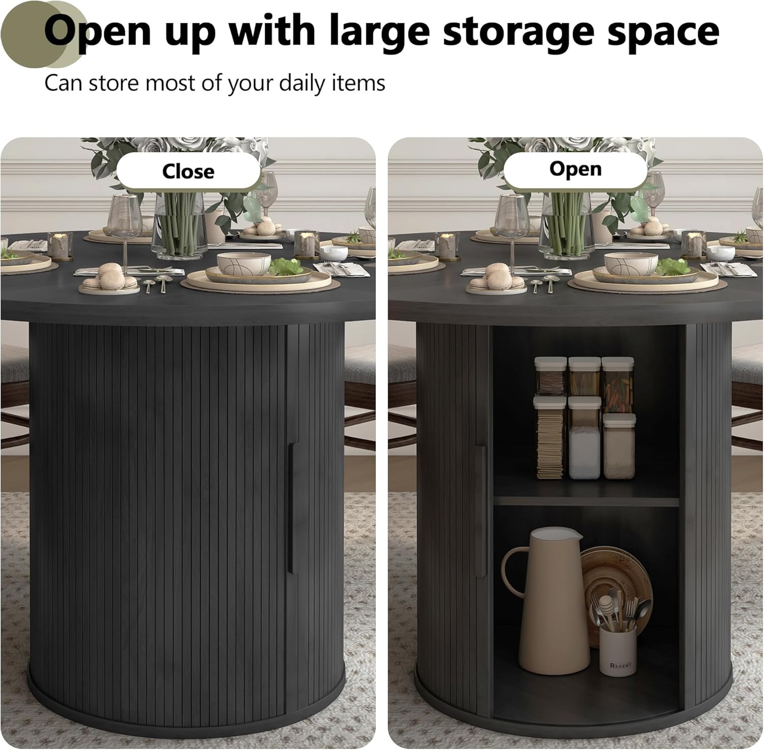 weselon 47 inch Round Dining Table for 4, Kitchen Table Dinner Table with 2-Layer Storage Shelf and Wood Slide Door for Home Dining Room Living Room (Black)