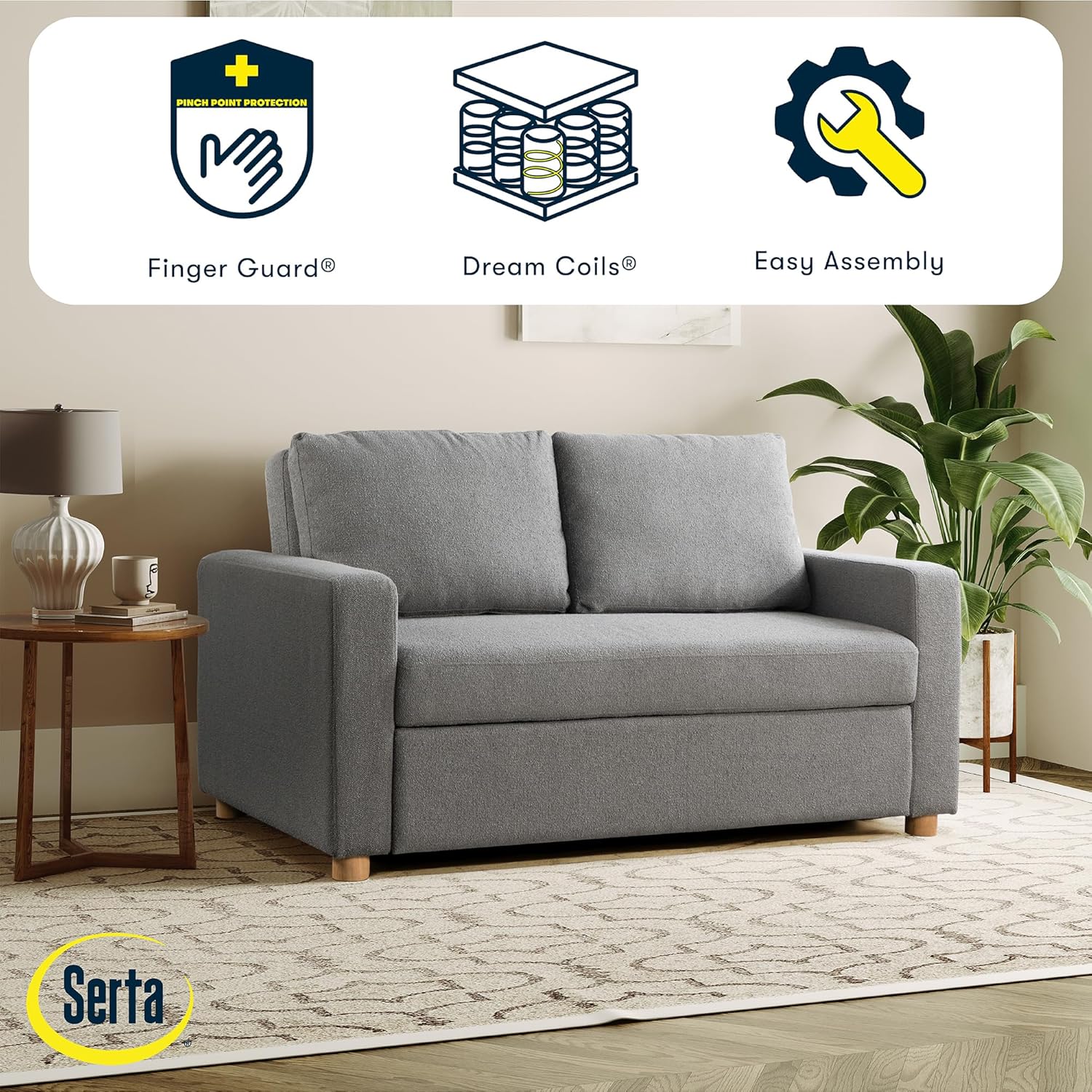 Serta Tulsa 66.1" Convertible Sleeper Loveseat, Full Size, Dreamcoil Comfort, FingerGuard Pinch Point Protection, Boucle Fabric, Grey