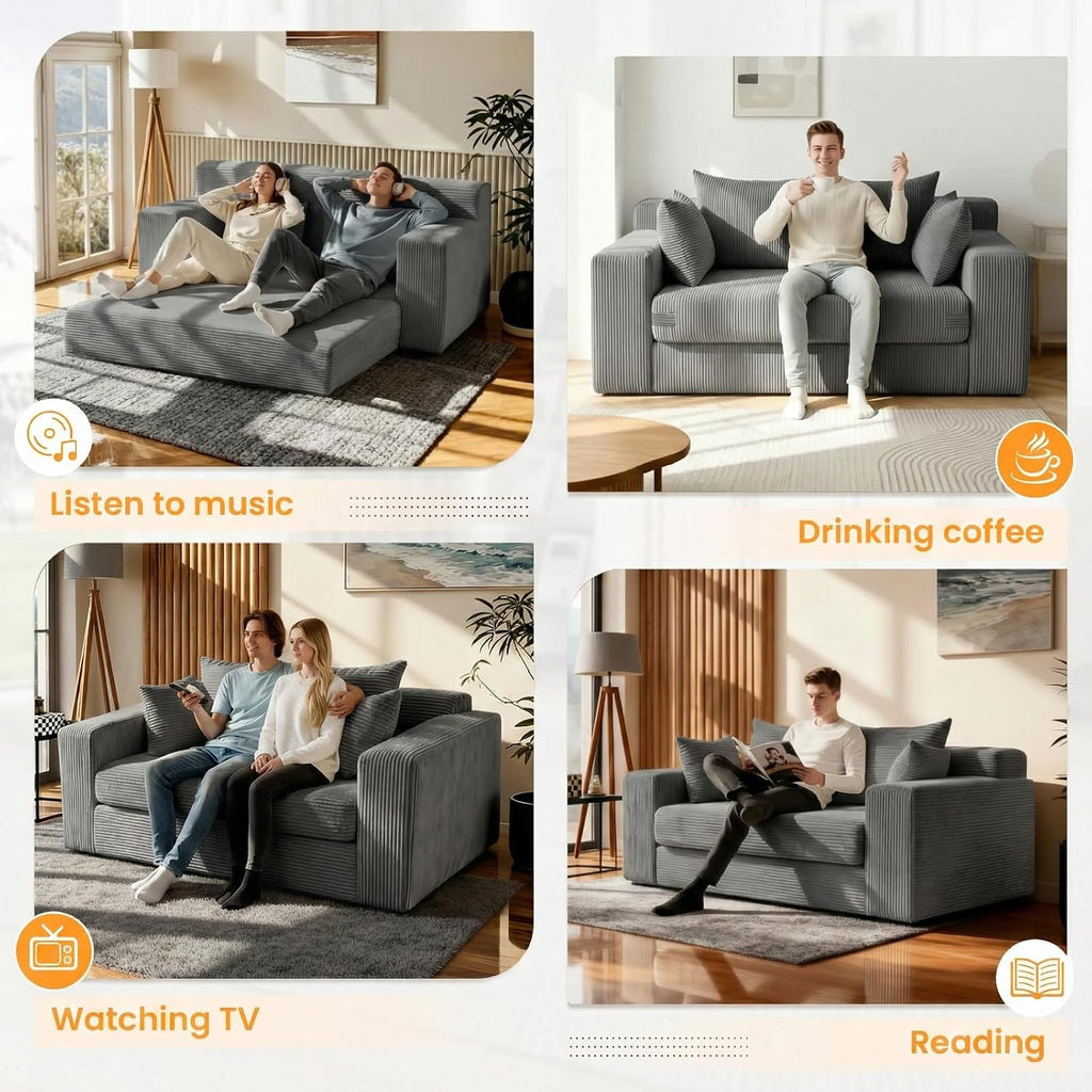 Winzon Boneless Loveseat, 3 in 1 Convertible Sofa Bed Sleeper Sofa Floor Futon Bed with 4 Pillows, 55" Grey Boneless Couch for Living Room, Guest Room, Small Space, No Assembly Required, Corduroy