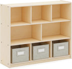 Guidecraft EdQ Three Shelf Compartment Storage Natural with 3 Fabric Bins: Wood Bookshelf and Toy Organizer for Kids, Storage Unit for Homeschool and Classroom