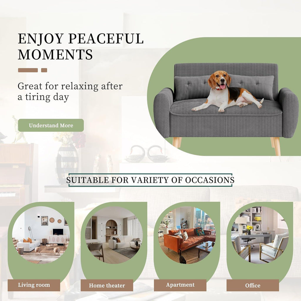 Vongrasig 48" Small Modern Loveseat Sofa, Mid Century Soft Corduroy Fabric 2-Seat Sofa Couch Tufted Love Seat with Back Cushions and Tapered Legs for Living Room, Bedroom and Small Space (Dark Gray)