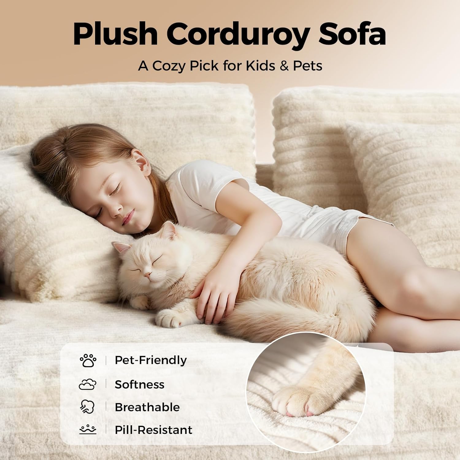 108” Cloud Sectional Couch, Modern Modular Sectional Sofa with Deep Seat, Corduroy Boneless Couches with Chaise, L-Shaped Sofa for Living Room, 4 Storage Pockets (Right Facing Chaise, Beige)