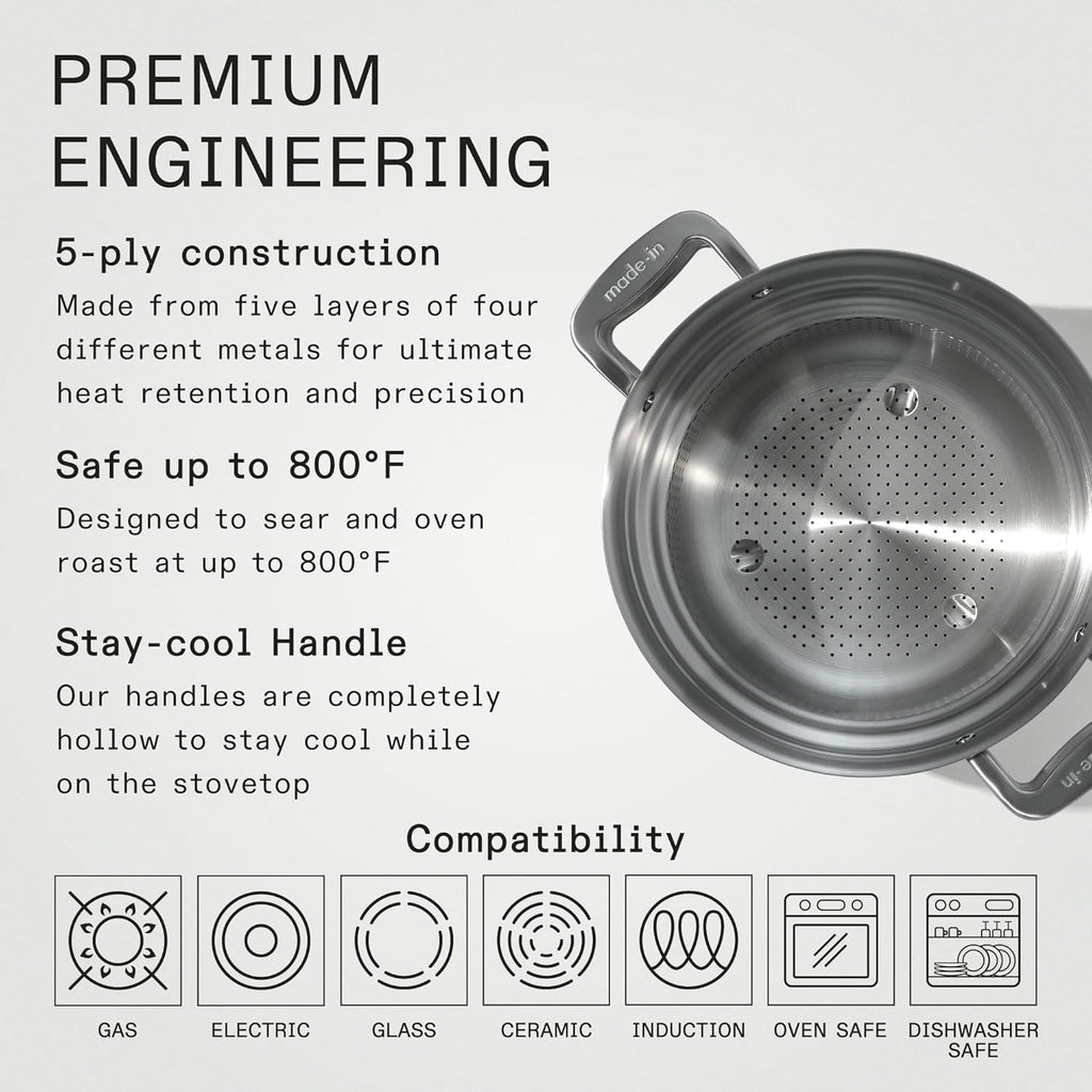 Made In Cookware | 8 Quart Stainless Steel Stock Pot With Lid and Pasta Insert | 5 Ply Stainless Clad | Professional Cookware | Crafted in Italy | Induction Compatible