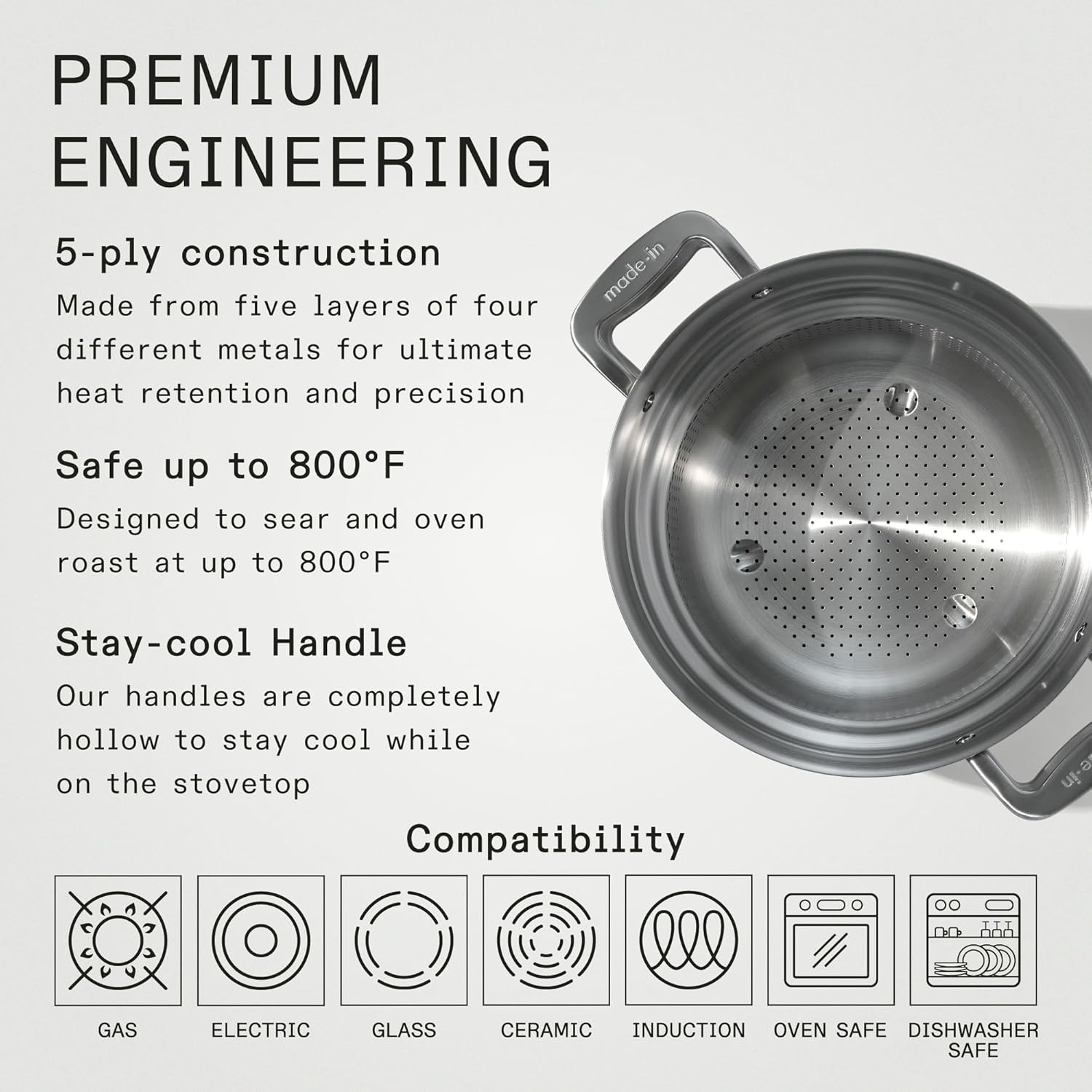 Made In Cookware | 8 Quart Stainless Steel Stock Pot With Lid and Pasta Insert | 5 Ply Stainless Clad | Professional Cookware | Crafted in Italy | Induction Compatible