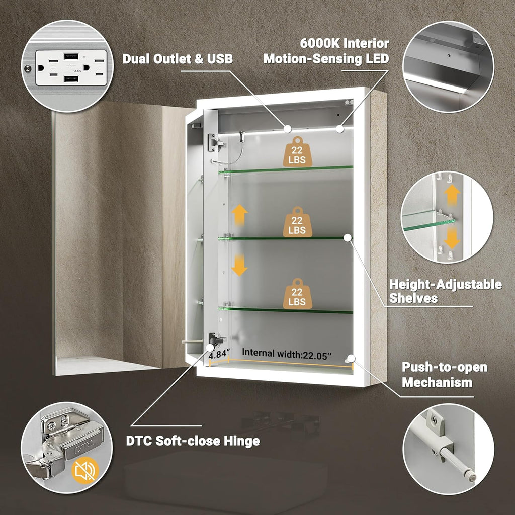 LED Medicine Cabinet with Mirror, 24x32 Surface or Recessed Lighted Medicine Cabinet with Mirror, Dimmable Fogless Aluminum Medicine Cabinet with Outlet, Time Display& Built-in Sensing Light