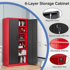 Metal Storage Cabinet with Lock,71 Inch Garage Cabinet with 2 Doors and 5 Adjustable Shelves,Steel Storage Cabinets for Garage,Home Office,Pantry,School(Red & Black)