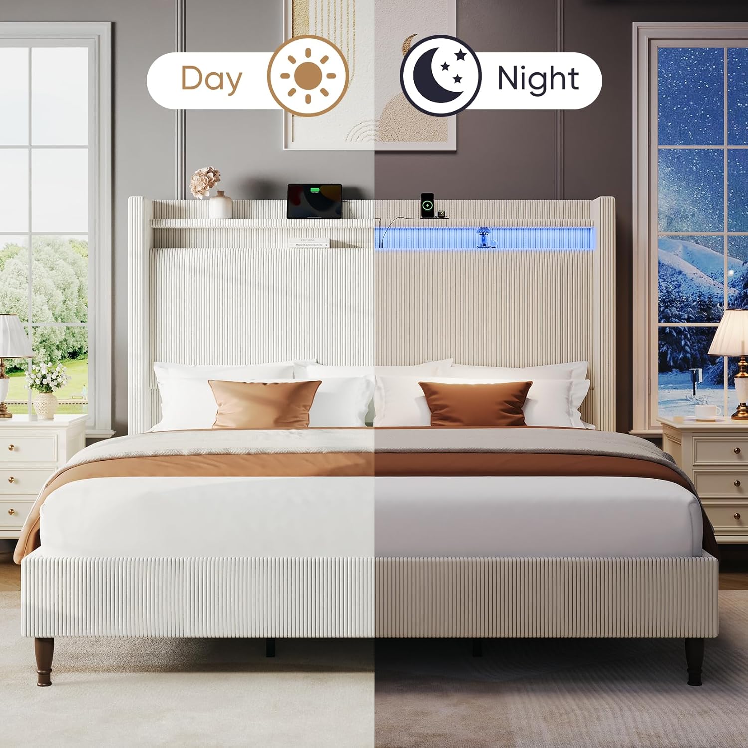 King Size Bed Frame with Tall Headboard, 55.3" Upholstered Platform King Bed Frame, Elegant Corduroy Wingback Bed with LED Lights & Charging Station, No Box Spring Needed, Solid Wood Slats, Cream