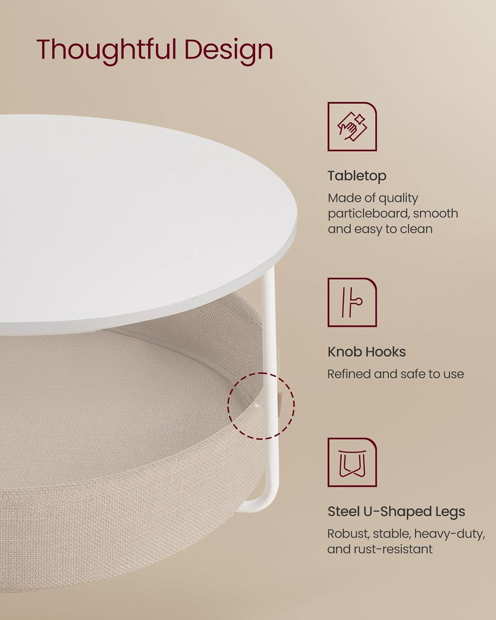 VASAGLE LILEA Collection - Coffee Table with Storage, Round Center Table for Living Room with Fabric Basket, Modern Style, Metal Frame, Matte White and Camel Brown ULCT244W10