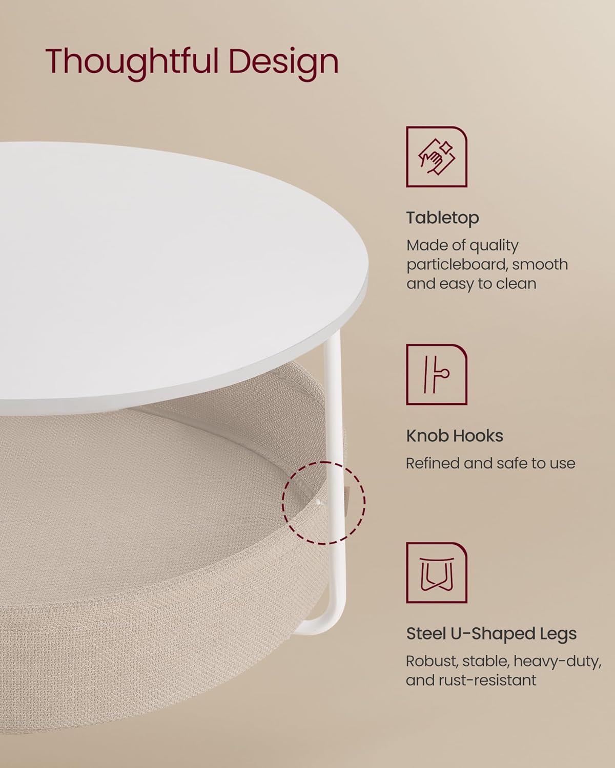 VASAGLE LILEA Collection - Coffee Table with Storage, Round Center Table for Living Room with Fabric Basket, Modern Style, Metal Frame, Matte White and Camel Brown ULCT244W10