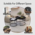 Nesting Coffee Table Set of 2, 27.6inch Round Coffee Table Wood Marble Pattern Top with Sturdy Metal Frame, End Table Side Tables for Living Room Bedroom Balcony Yard (Black),CFT2601