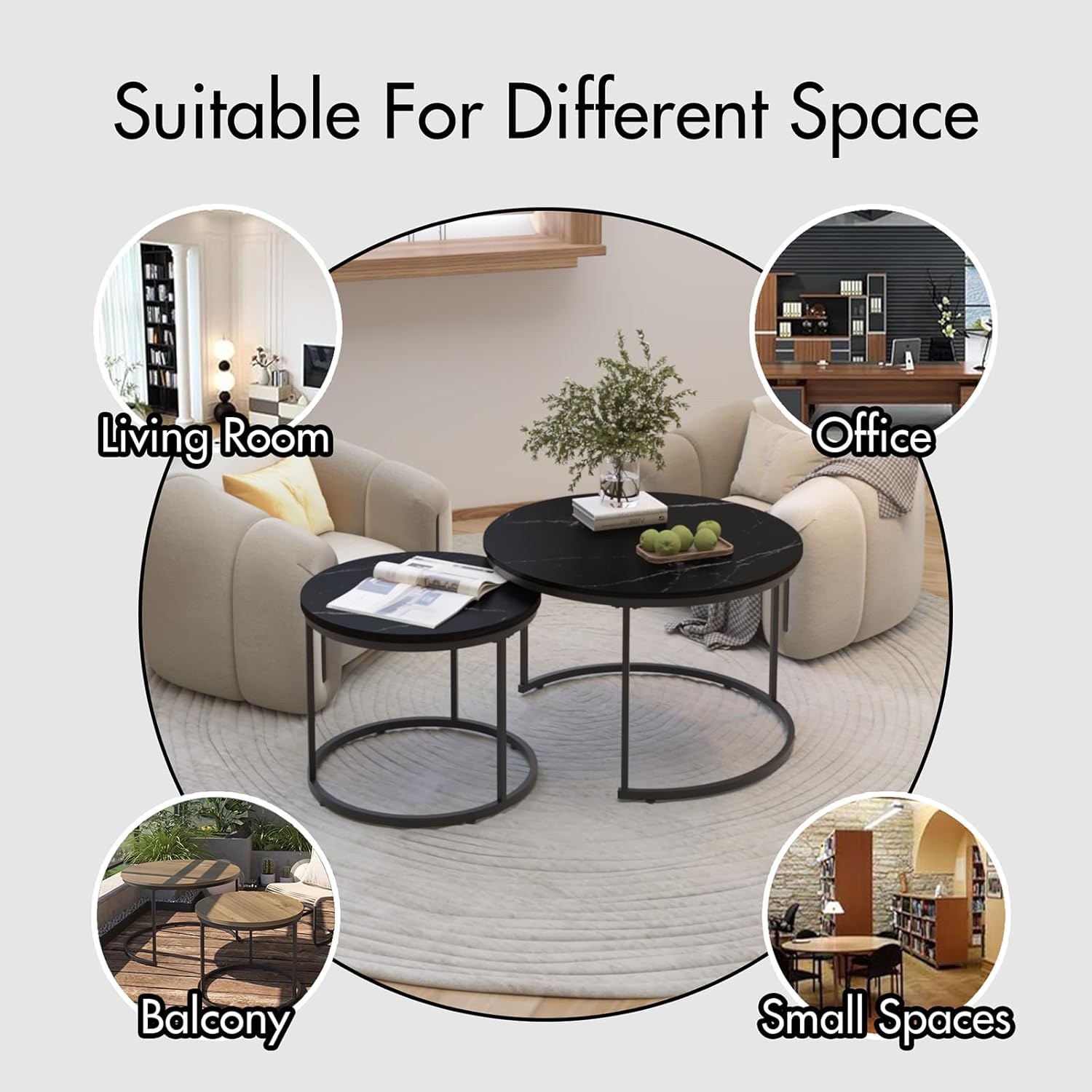 Nesting Coffee Table Set of 2, 27.6inch Round Coffee Table Wood Marble Pattern Top with Sturdy Metal Frame, End Table Side Tables for Living Room Bedroom Balcony Yard (Black),CFT2601