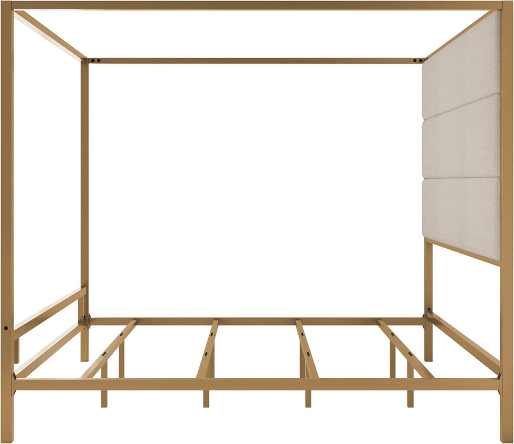 Merax King Size Gold Metal Canopy Bed Frame, Modern Upholstered Linen Headboard with Tall Back Support, 800 lbs Weight Capacity, Luxurious 4-Poster Bedroom Furniture for Modern Home, Gold+Tan