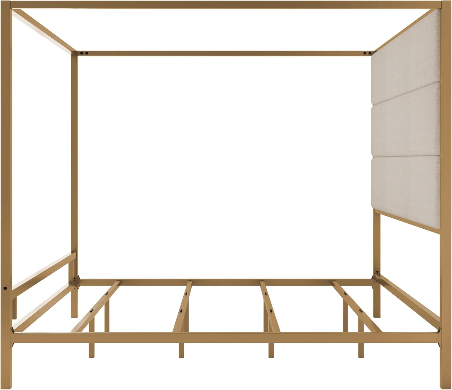 Merax King Size Gold Metal Canopy Bed Frame, Modern Upholstered Linen Headboard with Tall Back Support, 800 lbs Weight Capacity, Luxurious 4-Poster Bedroom Furniture for Modern Home, Gold+Tan