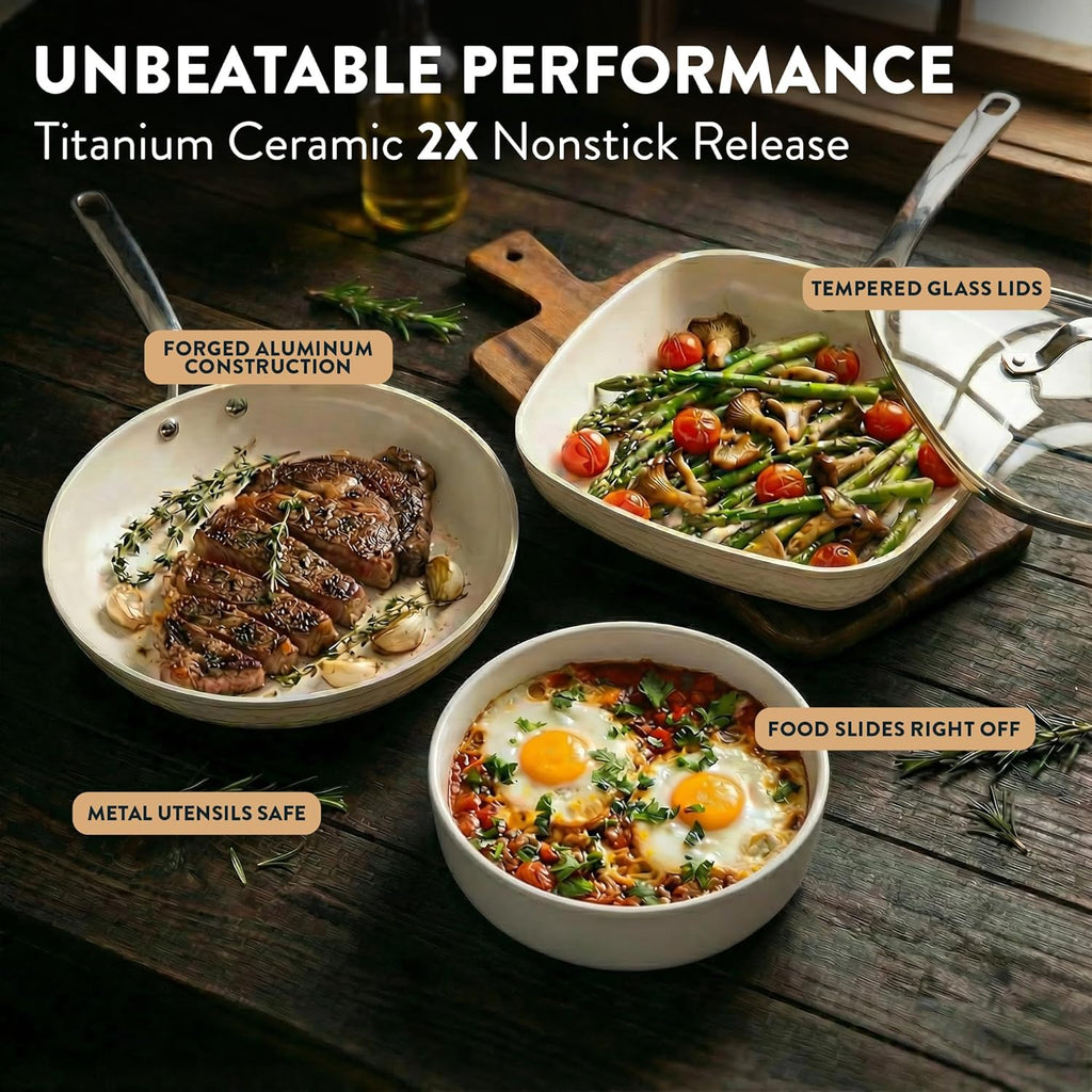 Gotham Steel Hammered 15Pcs Ceramic Cookware Set Nonstick, Induction Pots and Pans Set Non Stick with Bakeware Set & Steamer for Cooking, Non Toxic PFOA PFOS Free, Oven & Dishwasher Safe, Cream White