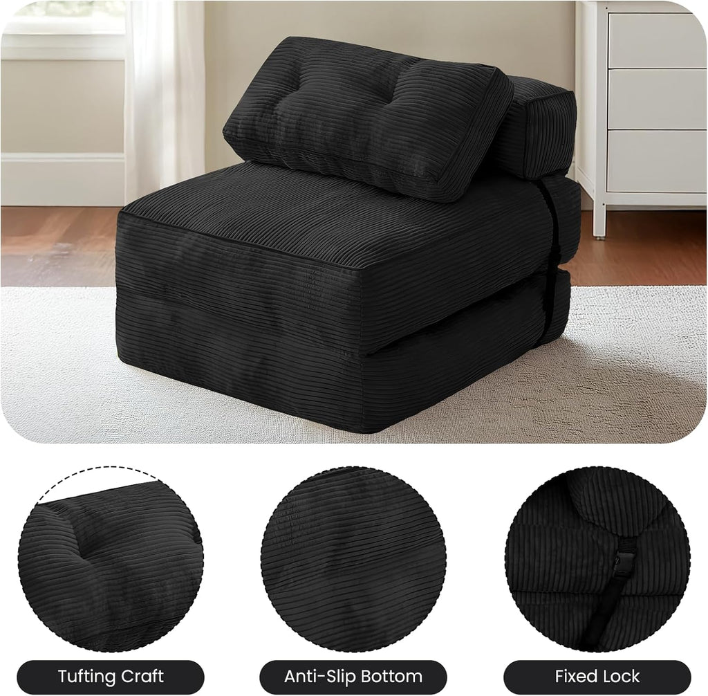 tantohom Folding Sofa Bed, Convertible Sleeper Chair with Pillow Foldable Mattress with Back Support,Space-Saving Sofa for Living Room,Bedroom (Black)