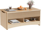 Marsail Lift Top Coffee Table with Open & Hidden Storage, Modern Fluted Coffee Table with Smooth Lift Mechanism, Sturdy Space-Saving Center Table for Home Living Room, Office, Natural Oak