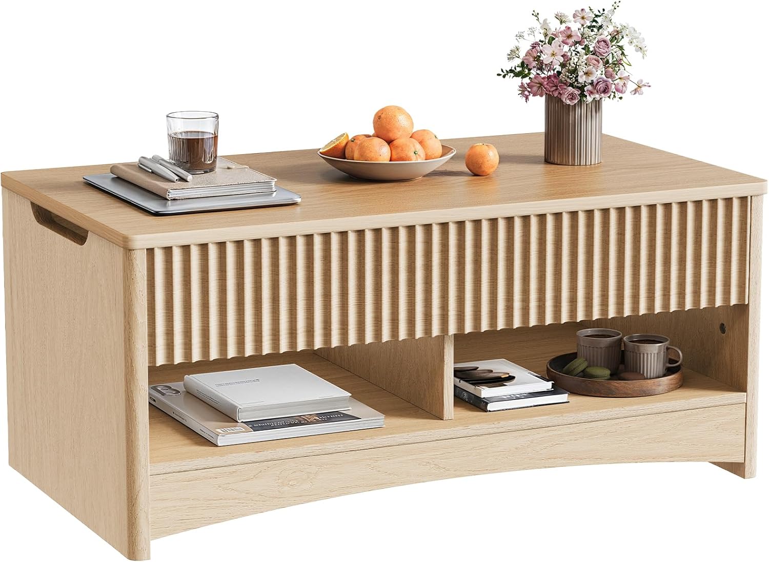 Marsail Lift Top Coffee Table with Open & Hidden Storage, Modern Fluted Coffee Table with Smooth Lift Mechanism, Sturdy Space-Saving Center Table for Home Living Room, Office, Natural Oak