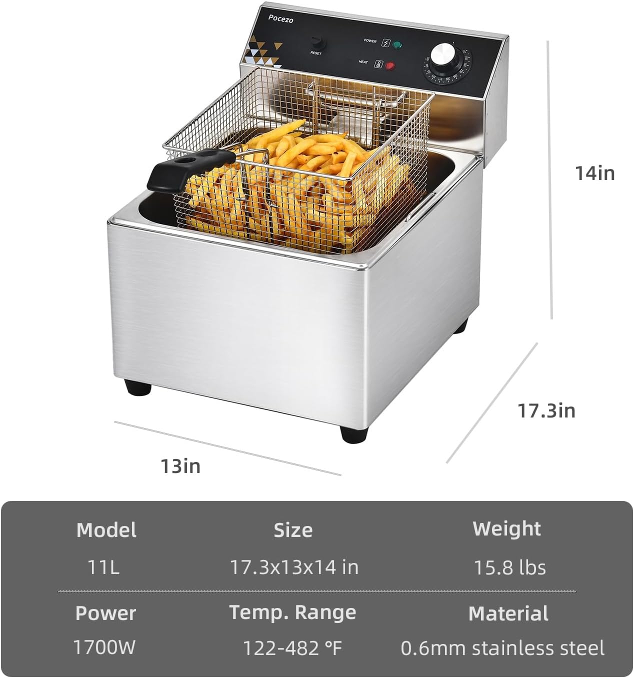 Deep Fryer with Basket, 1700w 19.7Qt Oil Tank/ 8.8Qt Basket, 0.6mm Thickened Stainless Steel Countertop Electric Fryer for Home and Commercial Use, Oil Fryer with Double Overheat Protection