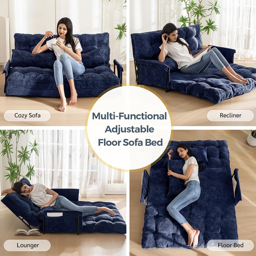MAXYOYO Adjustable Floor Sofa Couch with 2 Pillows, Multi-Functional Bean Bag Bed, 5-Position Foldable Lazy Sofa Sleeper Bed with Armrest, Versatile Floor Seating for Reading, Navy, Double