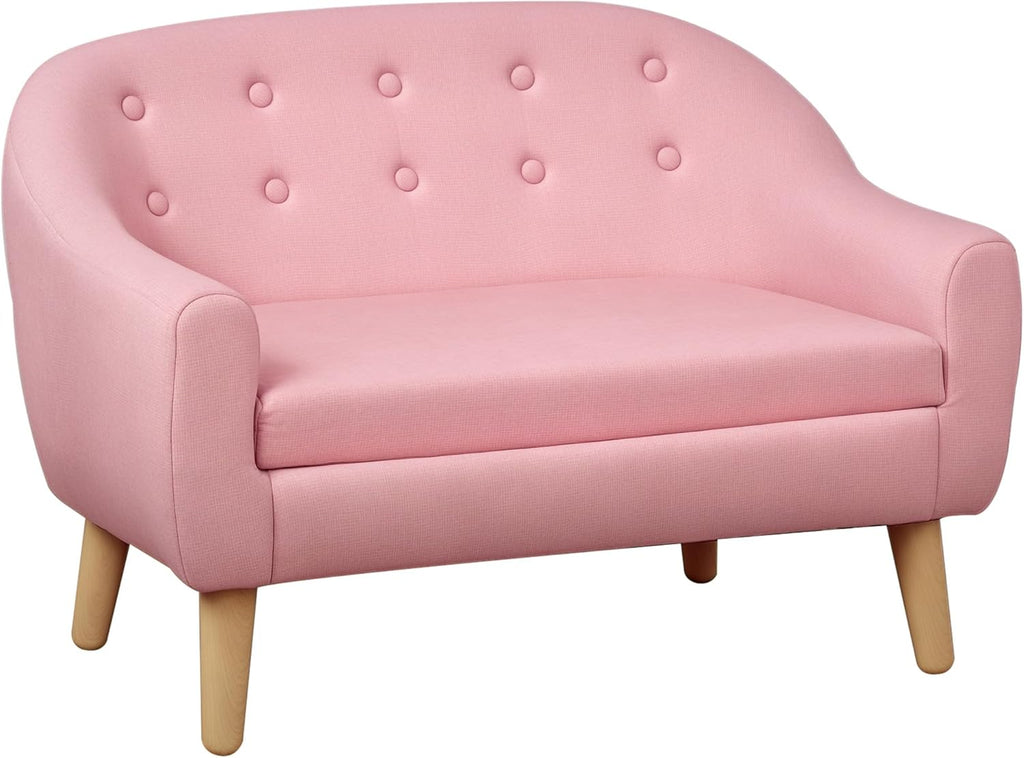 Qaba 2-Seat Kids Sofa, Toddler Sofa Couch, Linen-Like Fabric and Wooden Frame Sofa Chair for Ages 3-7, 11" High Seat, Pink