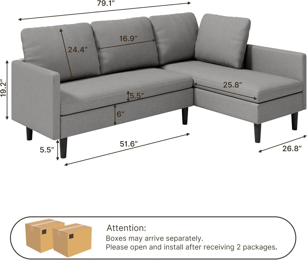 Gizoon Convertible Sectional Sofa, Convertible to L-Shaped Sofa, Linear and Sofa Bed, with Comfortable and Soft Fabric, Four Pillows, for Living Room, Apartment and Office, Light Gray