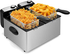 Pukomc Electric Double Deep Fryer with 2 Baskets & Lids, 3L Stainless Steel Removable Double Fryer,Temperature Control,Overheat Protection,3000W